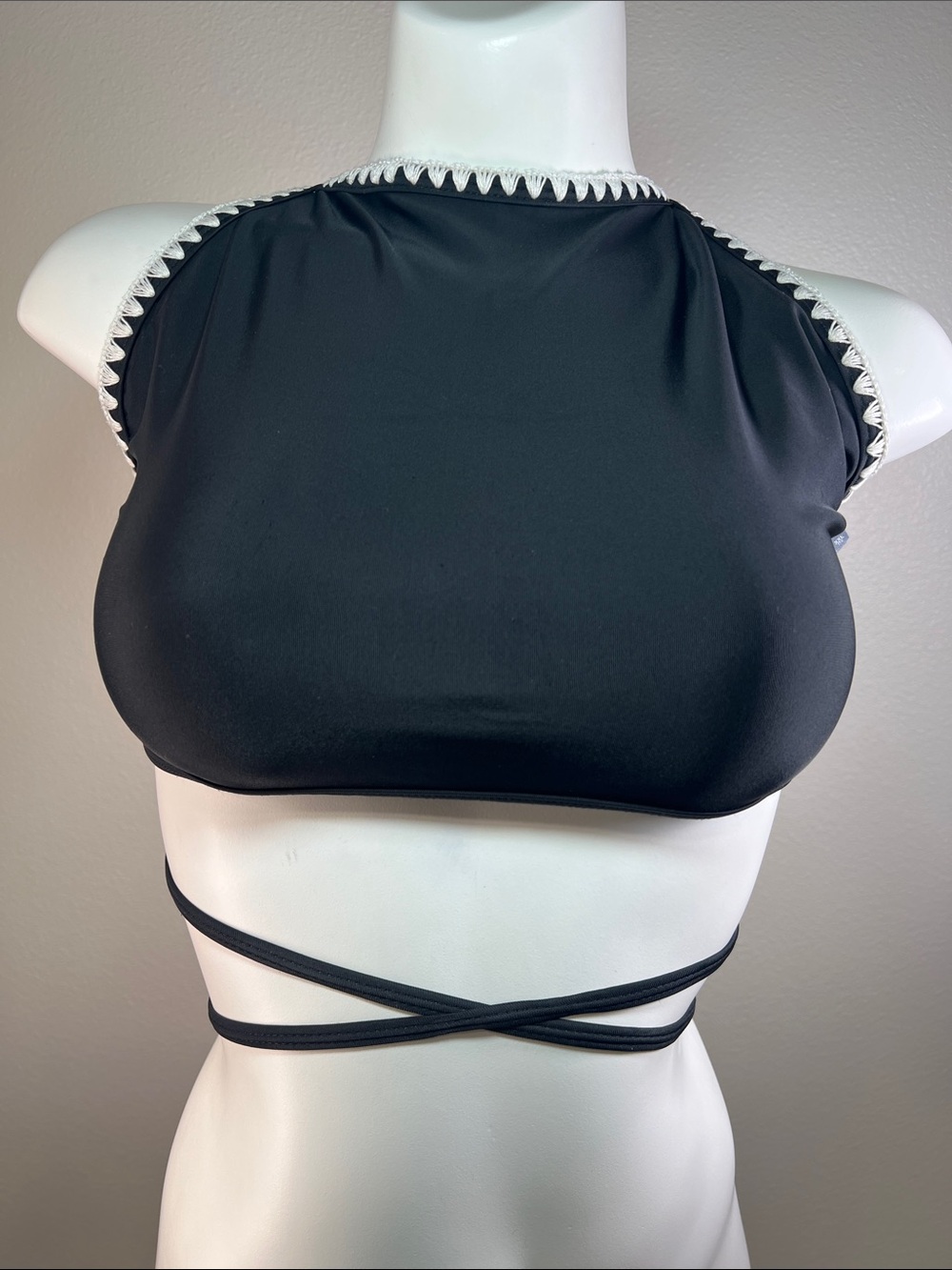 aerie Black High-Neck Wrap Crop Bikini Top with White Trim XXL